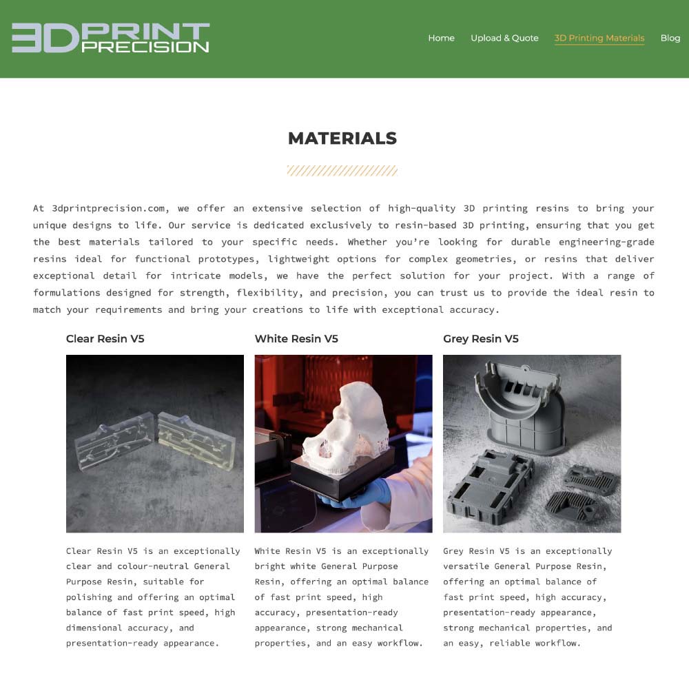 Screenshot of the Printing Materials page on 3Dprintprecision.com, showcasing a variety of resin options available for 3D printing projects.