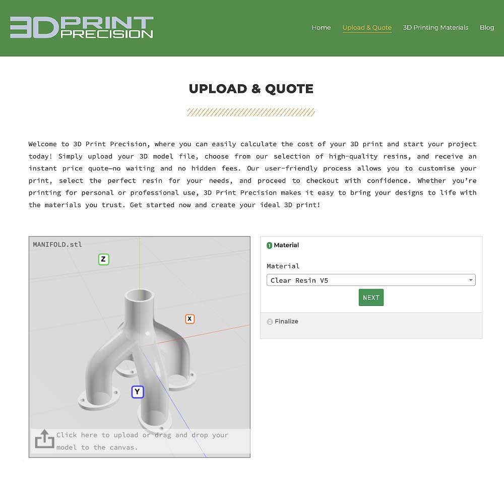Screenshot of the 3D Print & Quote user interface on 3dprintprecision.com, showcasing the 3D model upload area, material selector, pricing calculator, and order options for customizing and purchasing 3D prints.