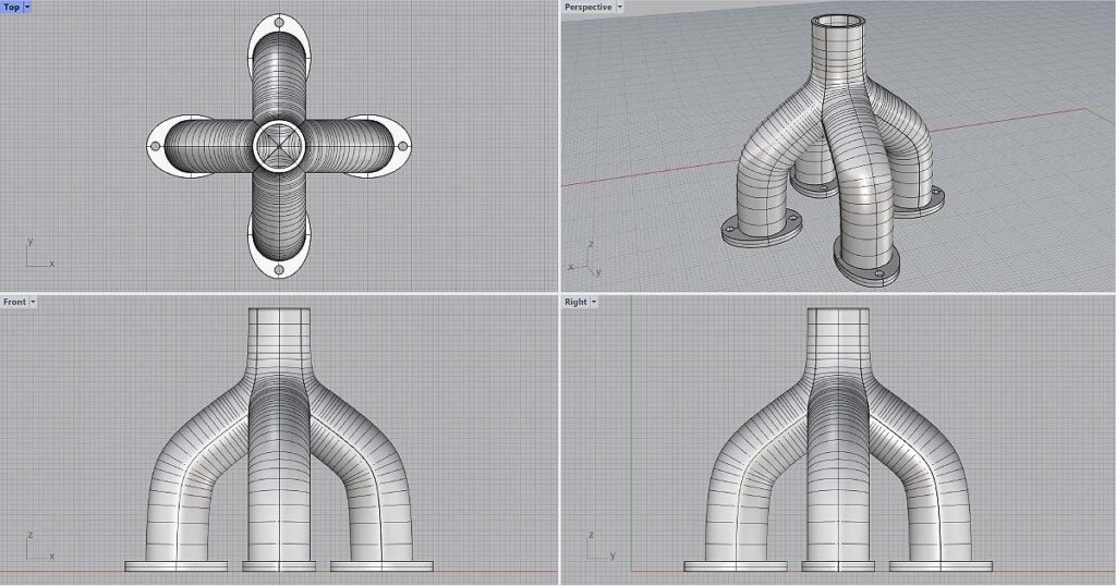 3D design of a manifold on a computer monitor, ready for custom 3D printing, showcasing detailed engineering and precision for manufacturing or prototyping.
